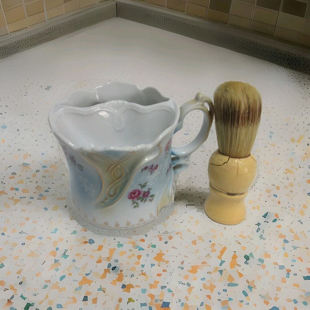 VTG Mustache Shaving Mug BRANDENBURG Porcelain Pink Rose Flowers w/Shaving Brush